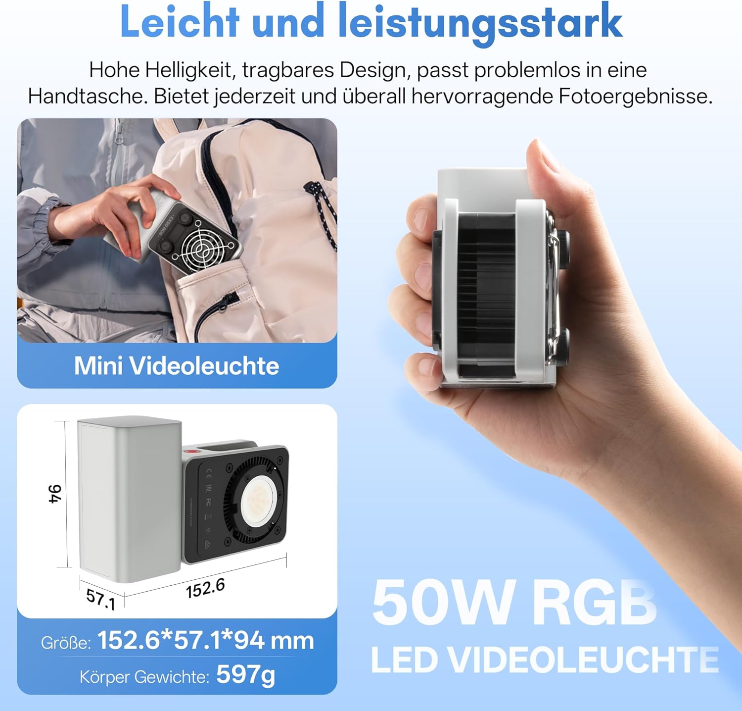 Thumbnail 1 de ZHIYUN CINEPEER CX50 RGB LED Videolicht – kompakt, leistungsstark und app-gesteuert