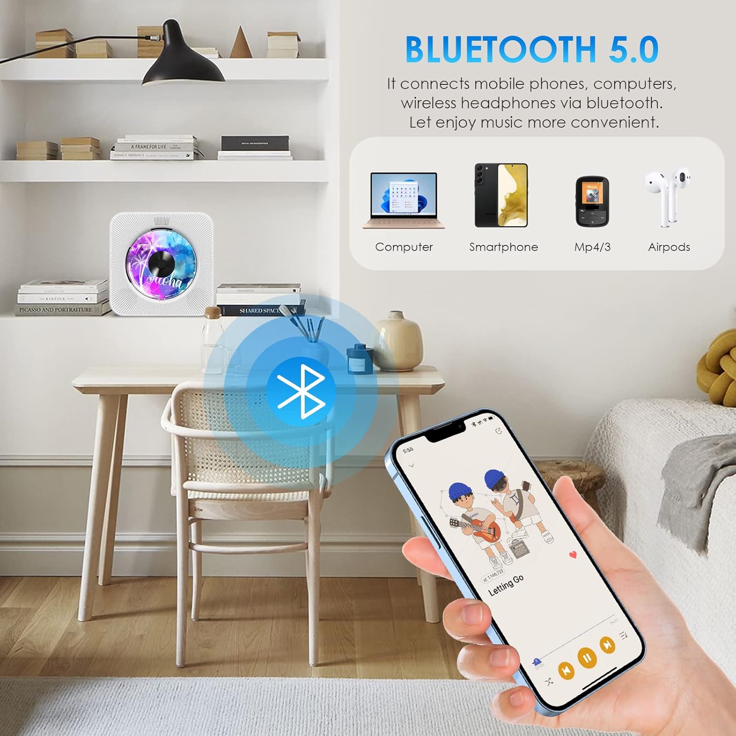 Detalle de Gueray Lettore CD portatile con Bluetooth e altoparlanti Hi‑Fi, radio FM e telecomando