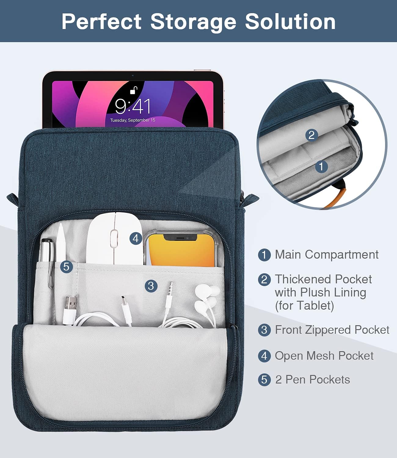 Detalle de MoKo 9-11 Inch Tablet Sleeve Bag with Handle & Shoulder Strap (Indigo)