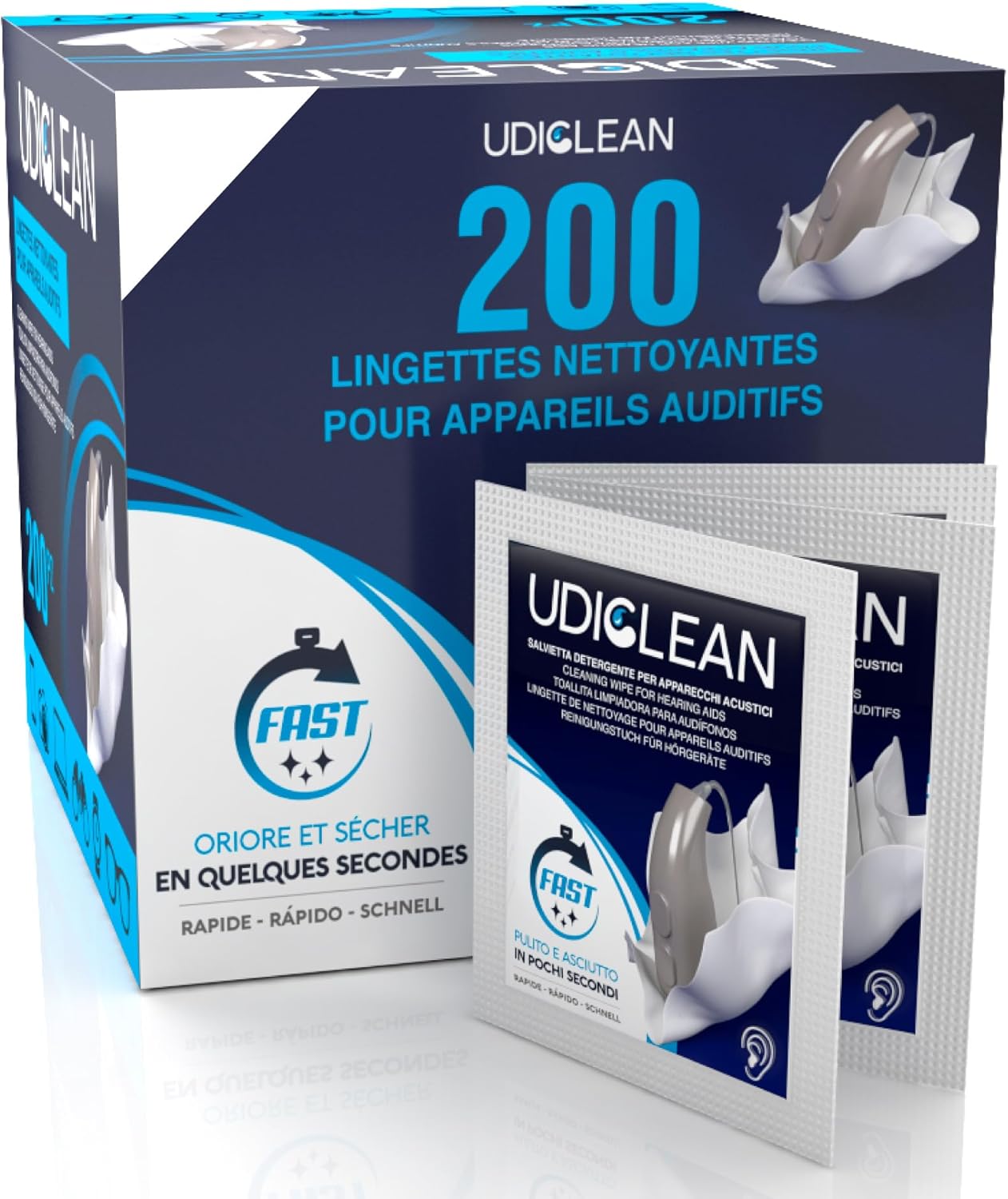 200 lingettes humidifiées jetables Udiclean pour appareils auditifs et écrans