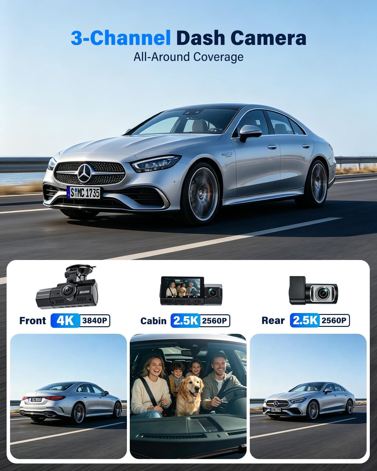 Thumbnail 1 de Eivikga A8 3-Channel Dash Cam, 4K + 2.5K + 2.5K, Wi-Fi 6
