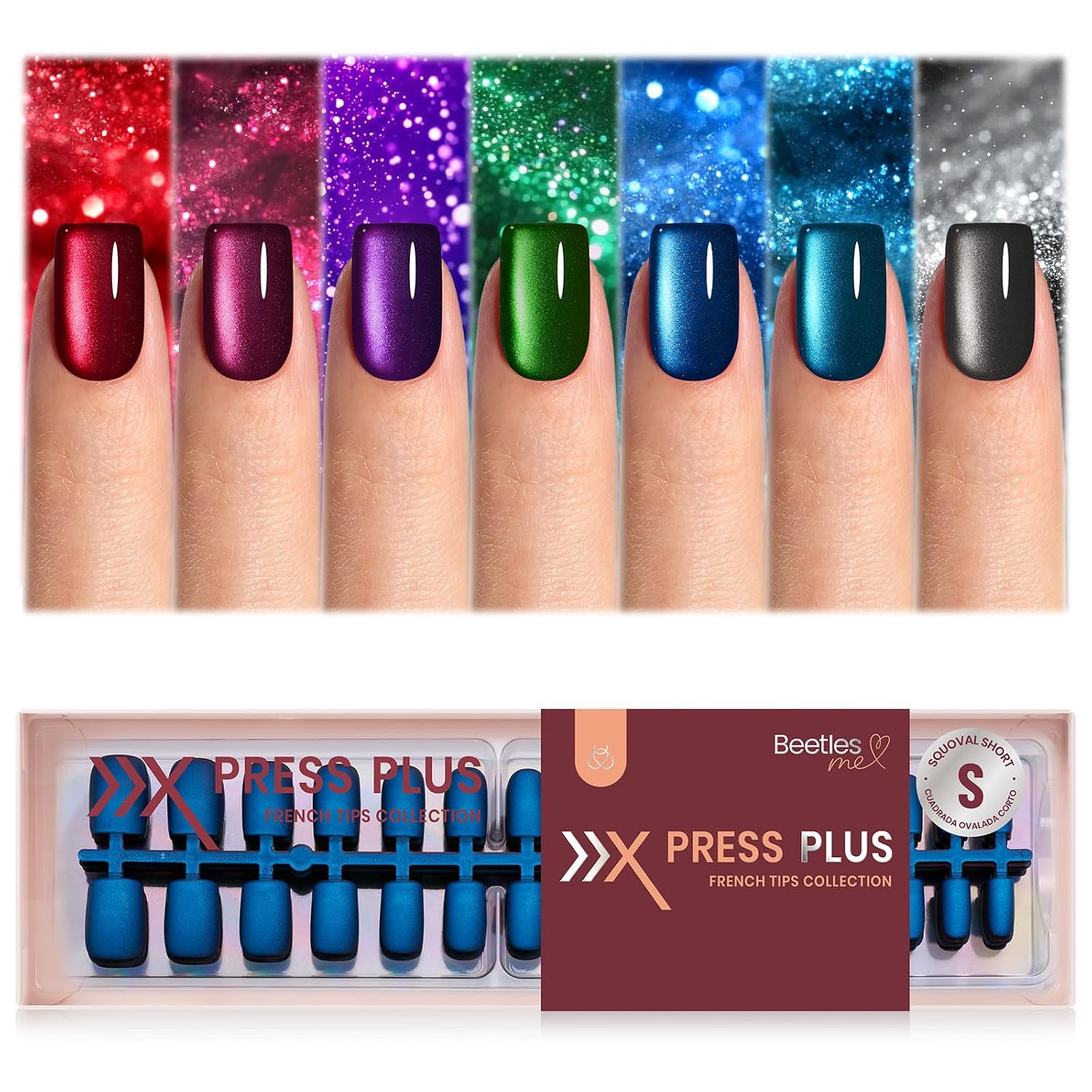 Detalle de Beetles X Press Cat Eye Nails (7 Colors) — Short Square Press-On Set, 16 Sizes (224 Pieces)