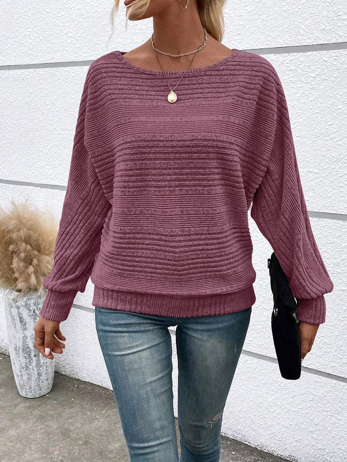 Detalle de RICHSTORY Women's Tunic Sweater, Crew Neck Batwing Sleeves, Lightweight Knit