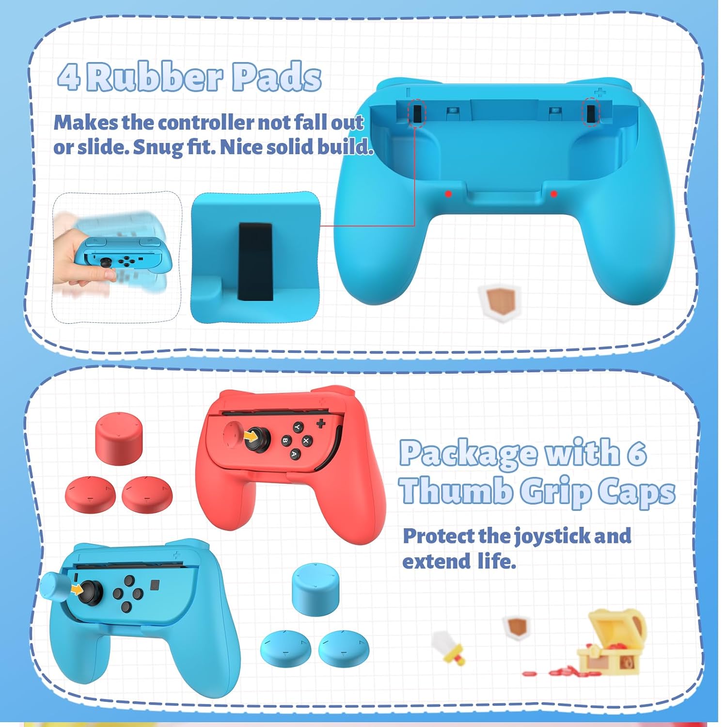 Thumbnail 3 de FASTSNAIL rutschfeste Griffe für JoyCon – kompatibel mit Nintendo Switch (OLED) + 3 Paar Daumengriffe in Blau/Rot