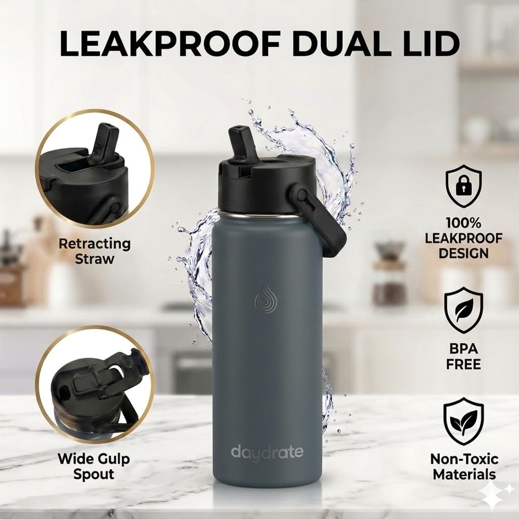 Detalle de Daydrate 750ml Insulated Stainless Steel Water Bottle with Dual Lid – Grey