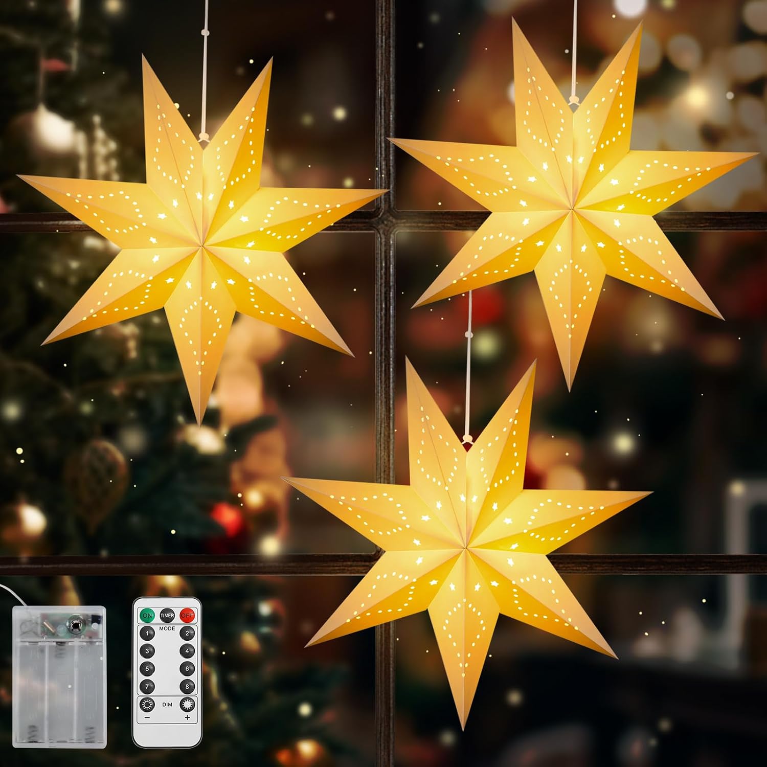 Detalle de Lewondr P723314210742 Christmas Paper Star Lantern 3-Pack with Remote
