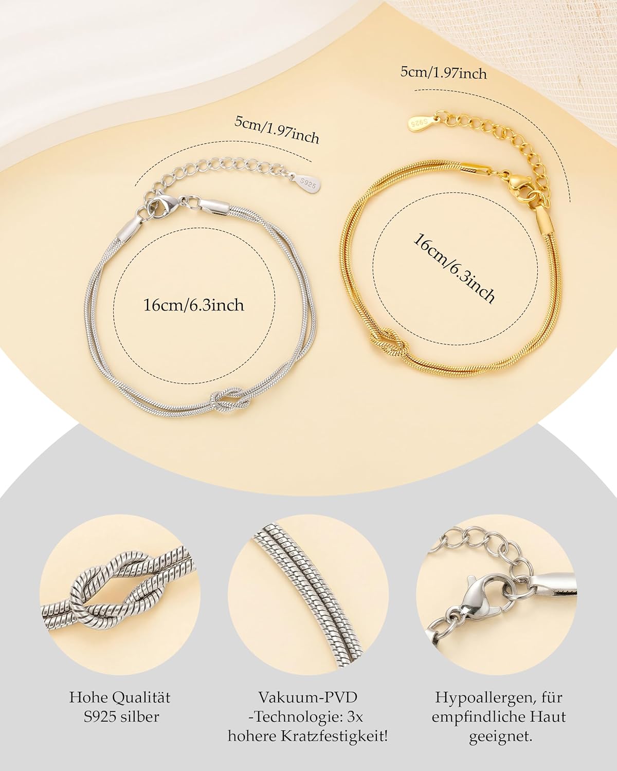 Thumbnail 4 de J.Fée 2 Artikel Armband Damen Silber 925 & 14K Knoten Armband Gold – Partner-Set