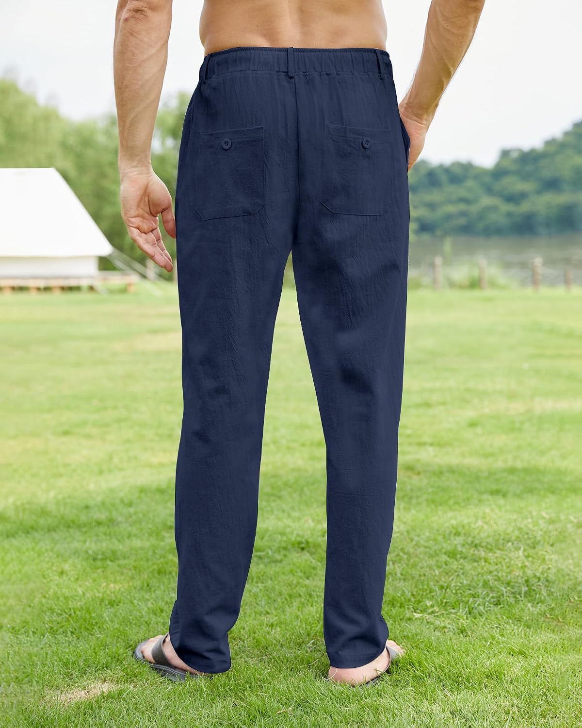 Detalle de NANAMEEI Pantalon lin homme été – pantalon de plage casual, élastique avec cordon
