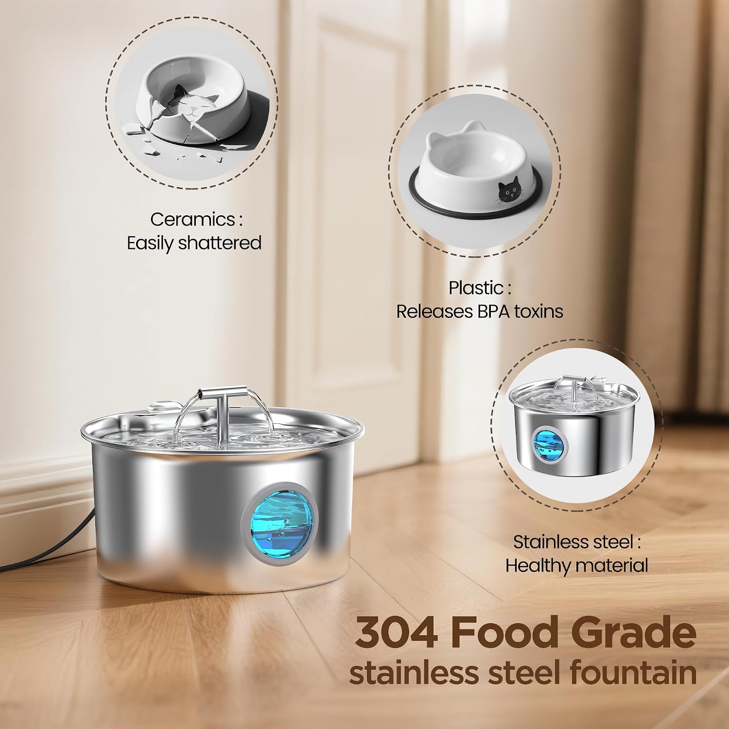 Detalle de UMOCUOY fuente de agua para gatos de acero inoxidable 304 con cuenco dispensador automático y doble caño (2,6 L)