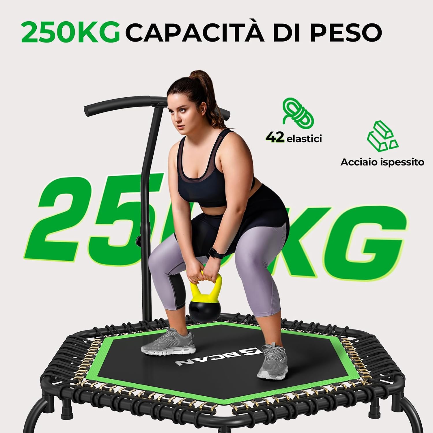 Detalle de Trampolino da interno BCAN Fitness – Ø 122 cm (disponibile Ø 102/130 cm) con maniglie regolabili, silenzioso e a basse vibrazioni