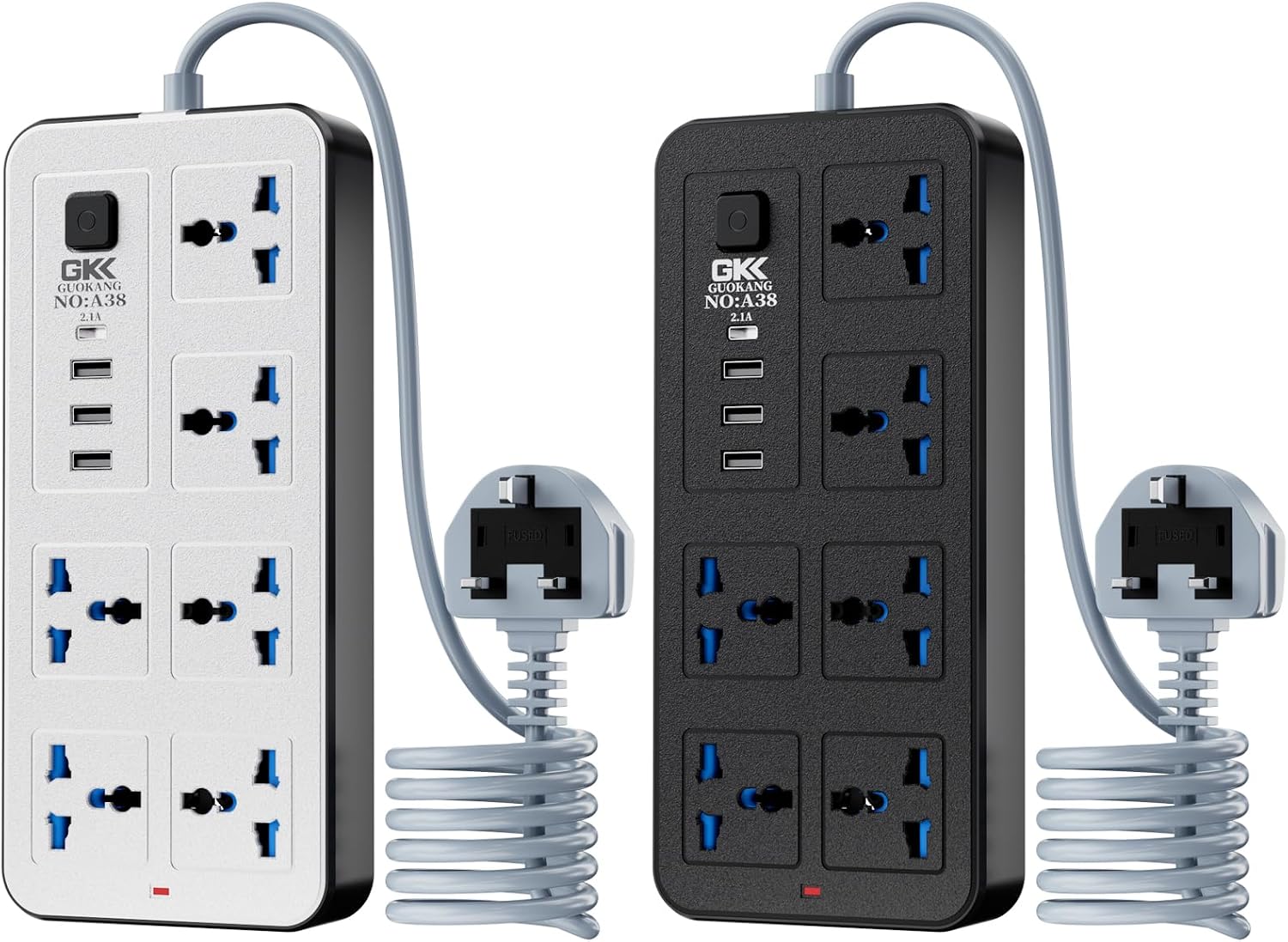 Detalle de UK Power Strip 6-way extension with 3 USB, USB-C and 2500W/10A switch (white)
