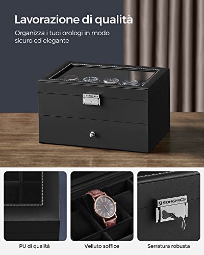 Detalle de SONGMICS Porta Orologi JWB020B01: Scatola a 2 Livelli con Copertura in Vetro e Serratura