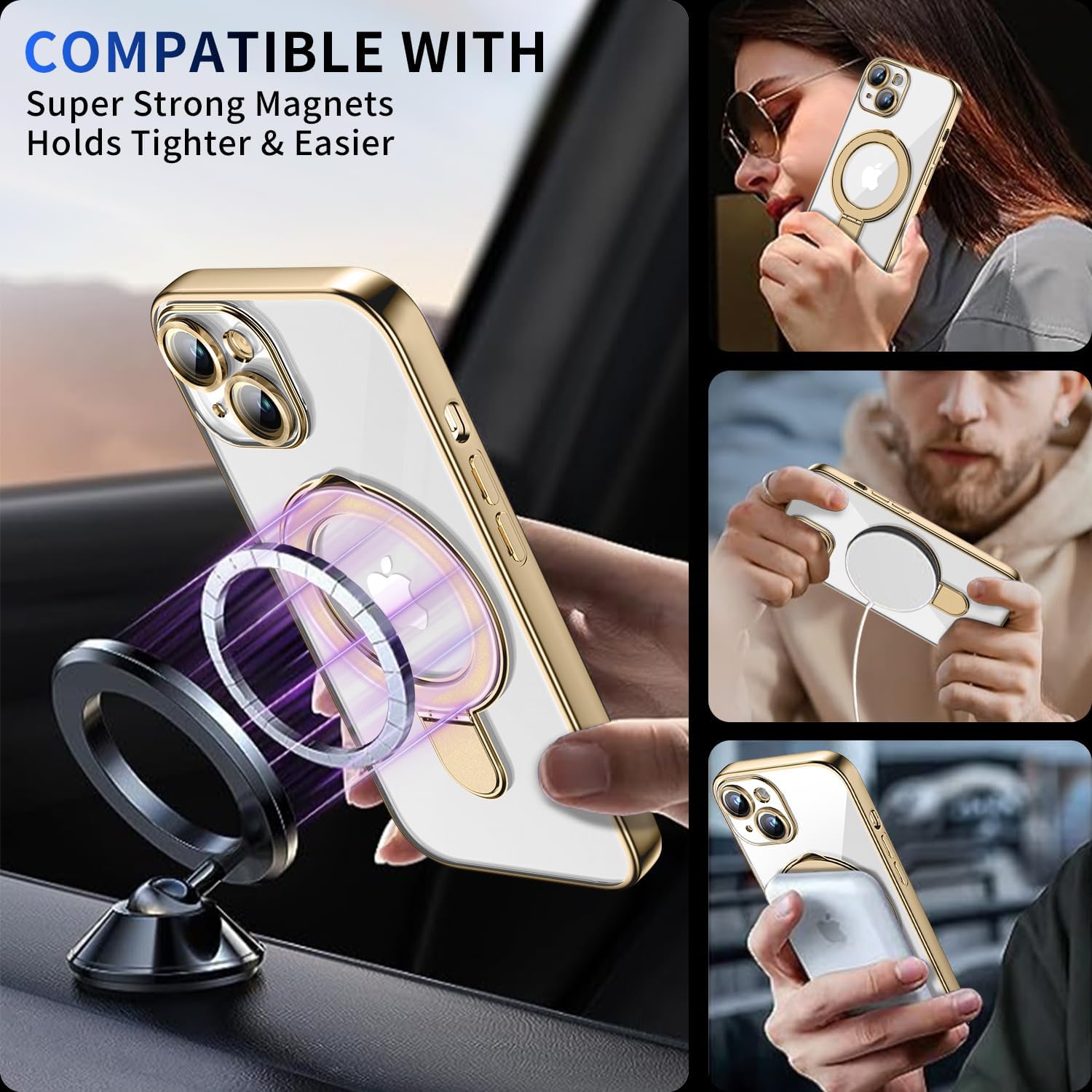 Thumbnail 4 de Pmteyoim Magnetic iPhone 13 Case with Invisible Stand, Full Camera Lens Protector & Military Drop Protection (Clear Slim Gold)