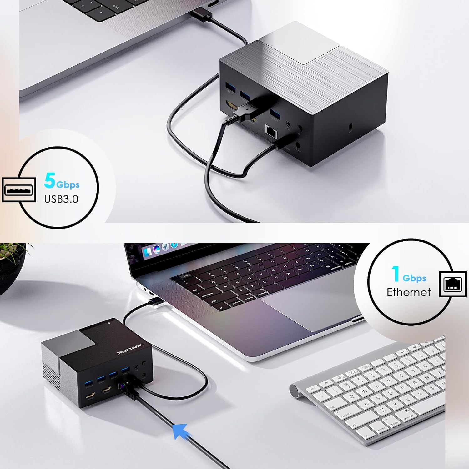 Detalle 2 de WAVLINK Docking station USB-C a due monitor con doppio HDMI, Gigabit Ethernet e 130 W PD