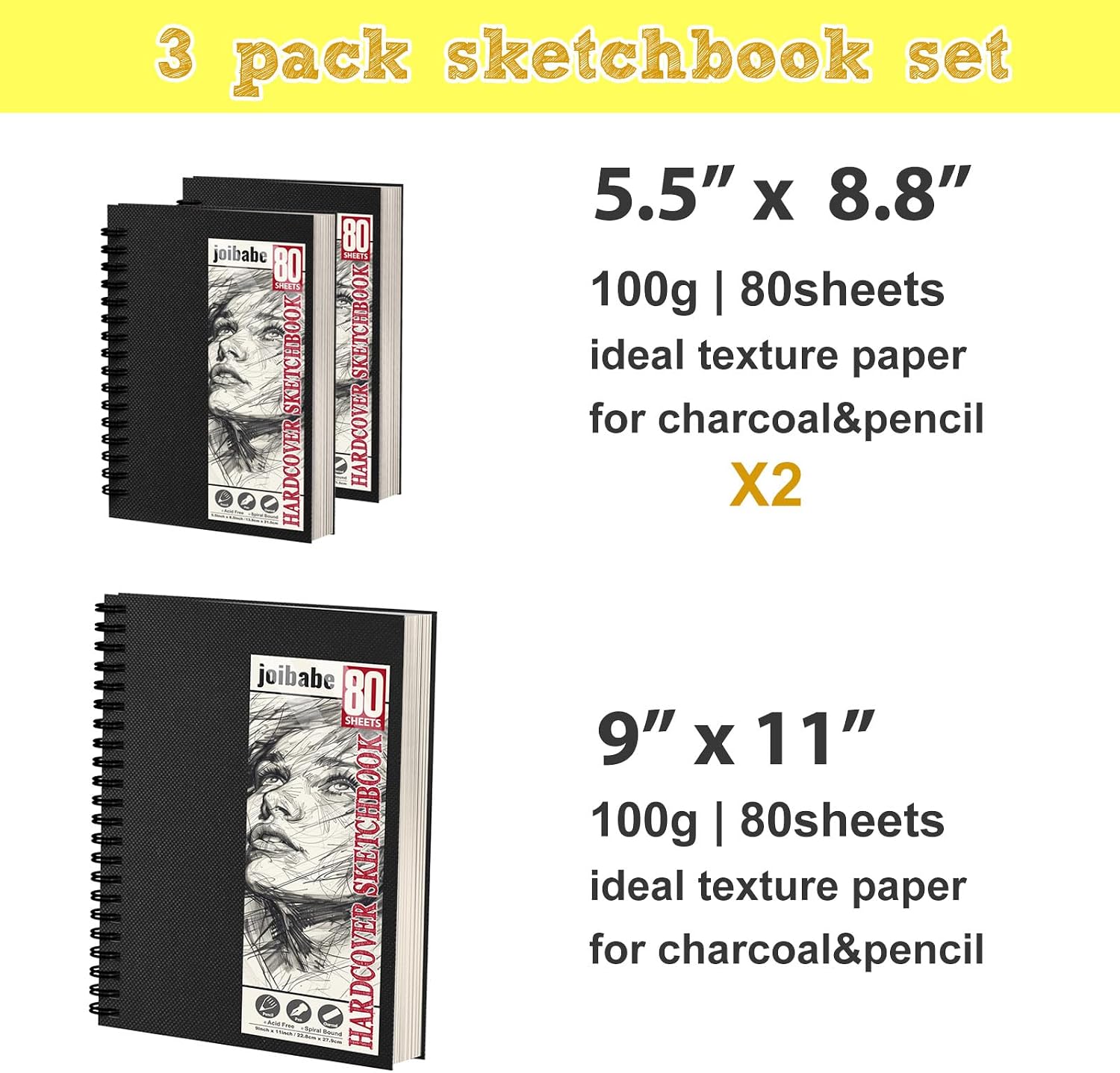 Detalle de 3 Pack Sketchbooks A4 & A5 – 100gsm Hardcover Spiral Bound, 240 Sheets (480 Pages) for Studio & Outdoor Drawing