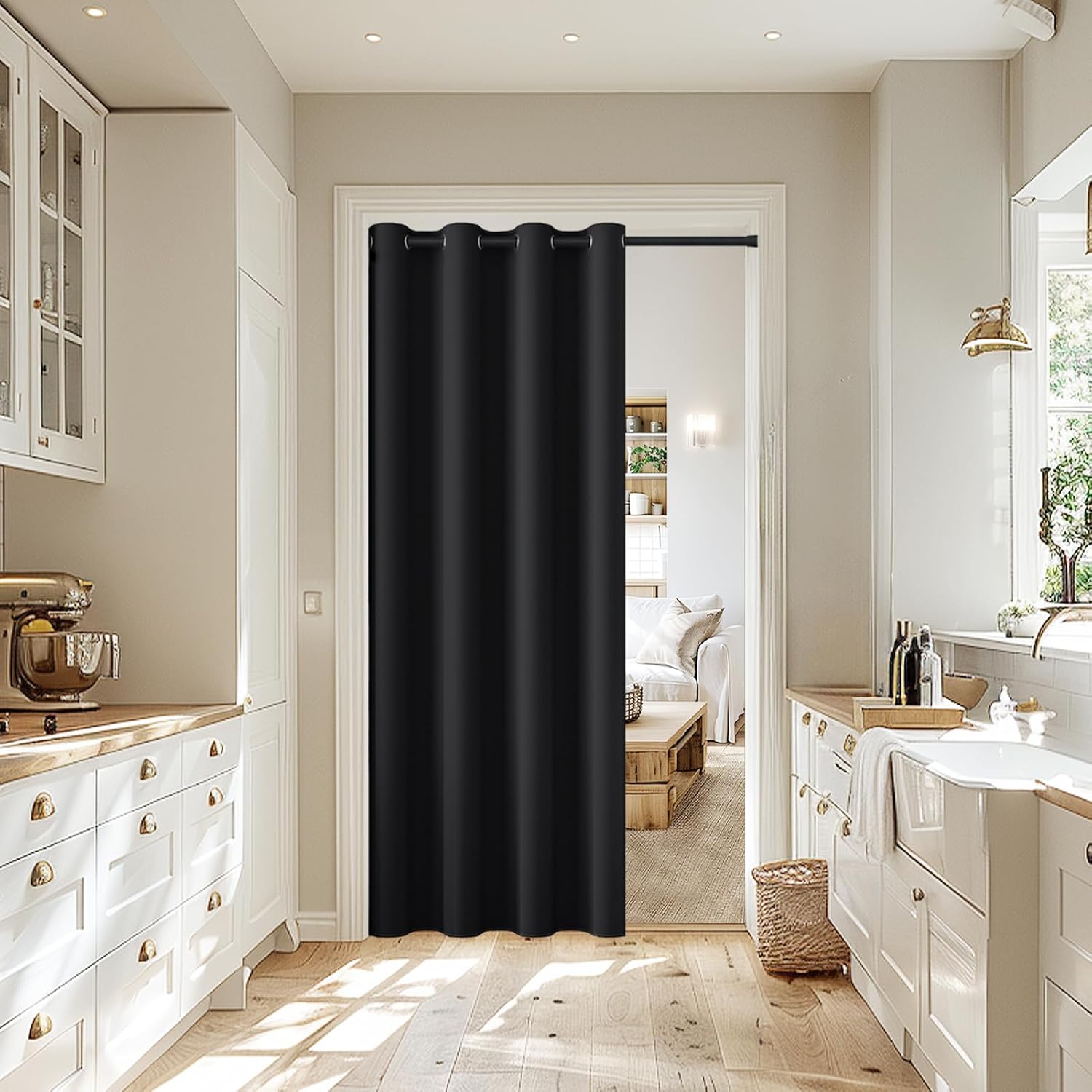 Thumbnail 6 de JCyh blickdichter Türvorhang mit Teleskopstange – Montage ohne Bohren, 1 Stück schwarz (H195 x B132 cm)