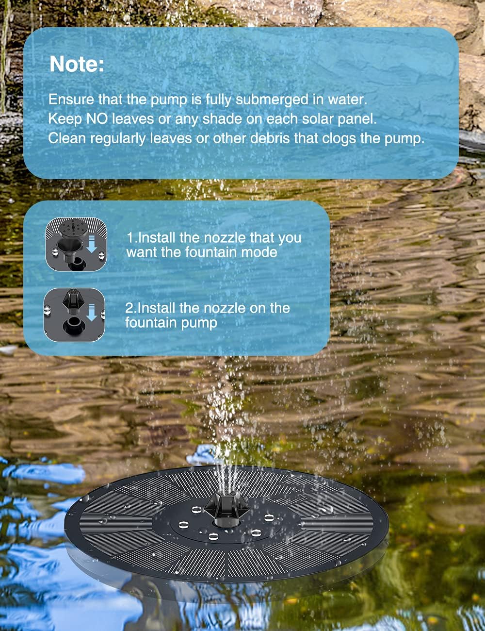 Thumbnail 6 de Solar Fountain for Bird Bath (3W) with LED Lights, 8 Nozzles and Anti-Collision Bars – Black