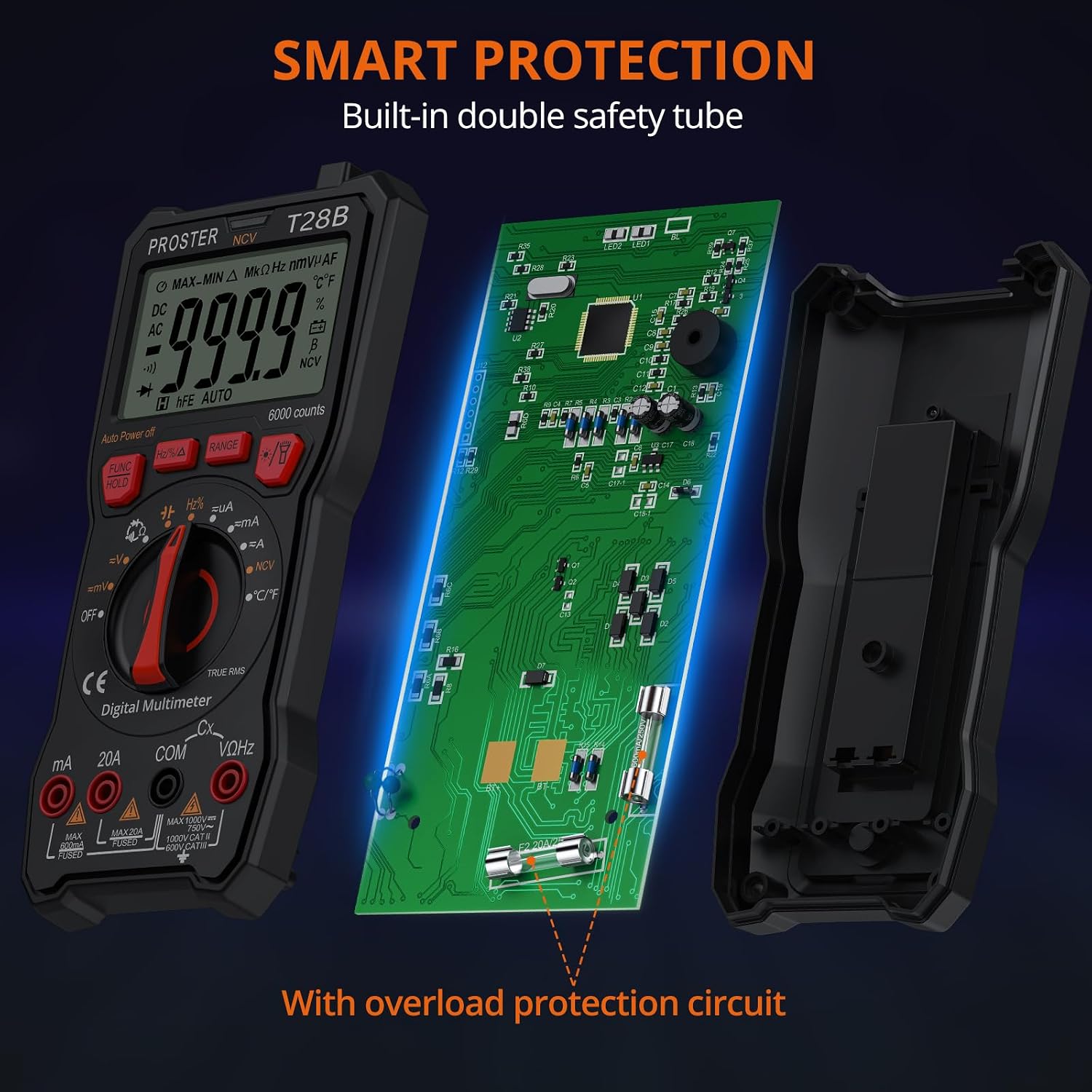 Detalle 2 de PROSTER T28B TRMS Multimeter, 6000-Count, 20A, NCV and Temperature