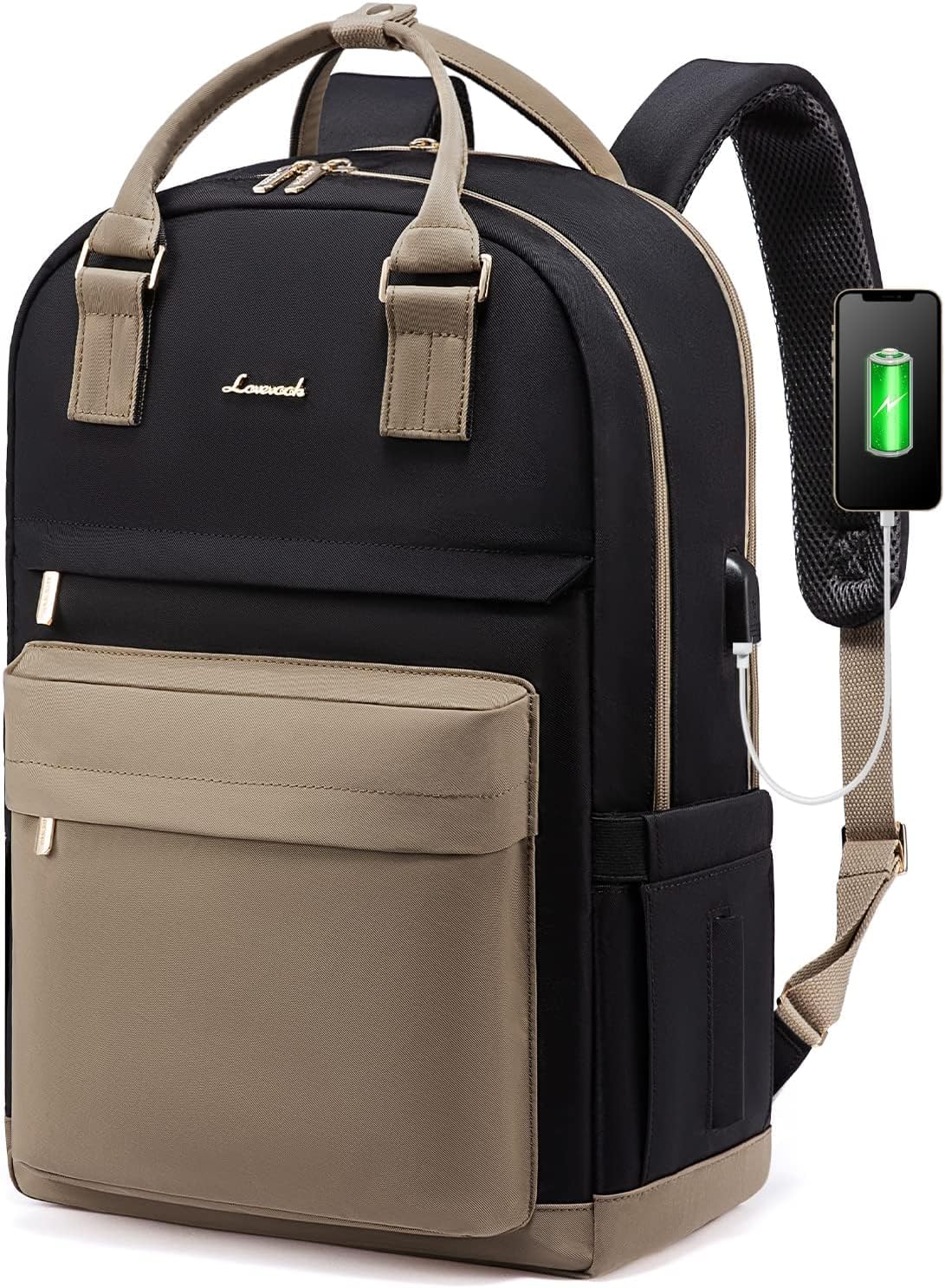 Detalle de LOVEVOOK Laptop Backpack Womens 17 Inch – Waterproof Travel Rucksack with USB Port, Khaki/Black