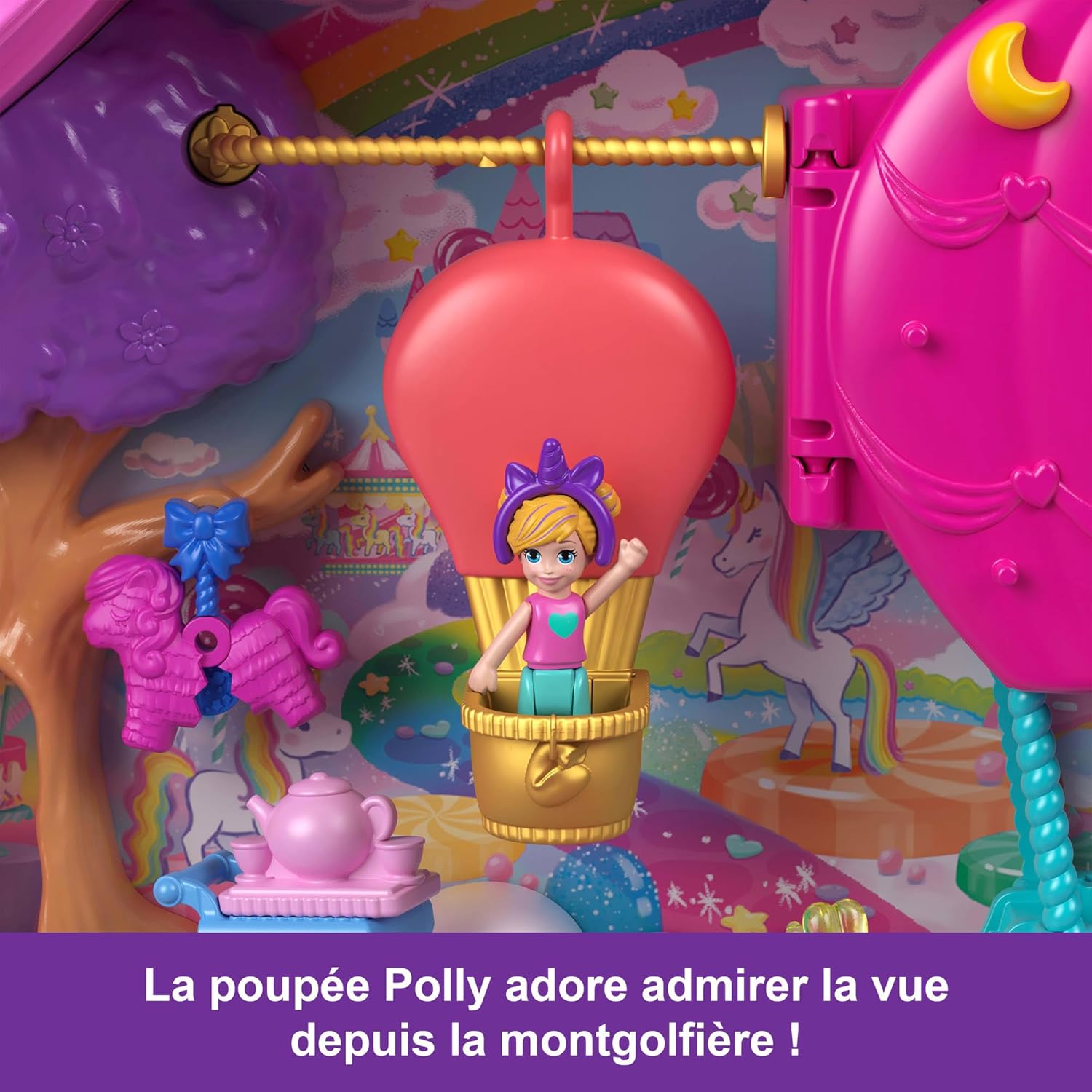 Detalle 2 de Coffret Polly Pocket Les licornes font la fête HYD96 (ballade en montgolfière, poupées et + de 25 accessoires surprises)
