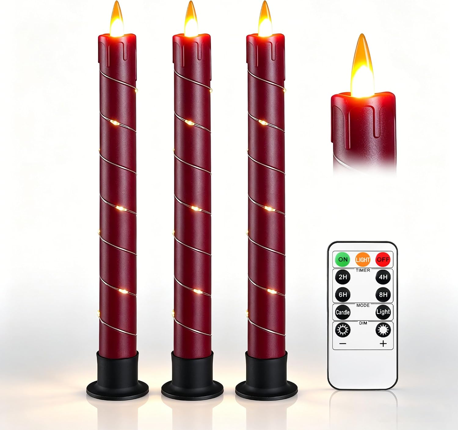 Detalle de Da by 3 Candele LED Rosse con Luci Fatate Avvolgenti e Telecomando – Set da 3