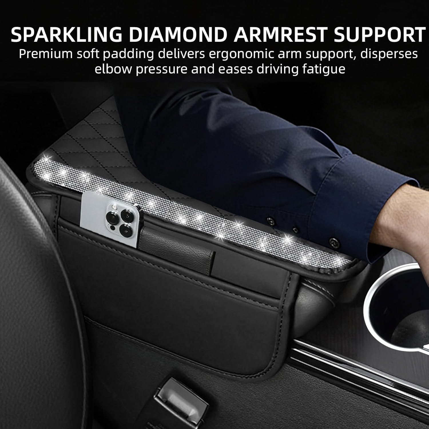 Thumbnail 3 de NBTEPEM Bling Car Center Console Cover — Leather Arm Rest with 2 Storage Pockets (Silver)