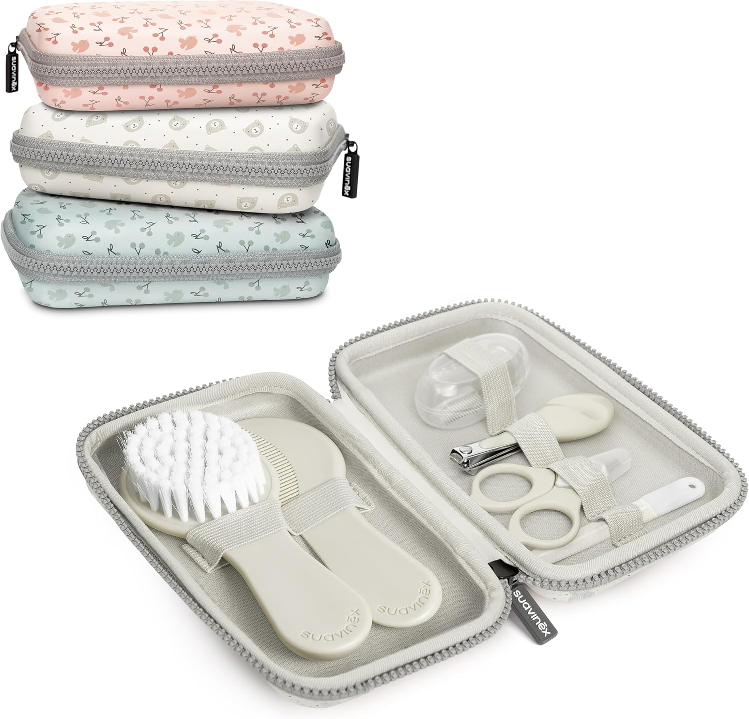 Detalle de Suavinex Neceser Set Manicura para Bebés +0M: kit de cuidado impermeable con cepillo, peine, tijeras, lima, cortaúñas y cepillo dental