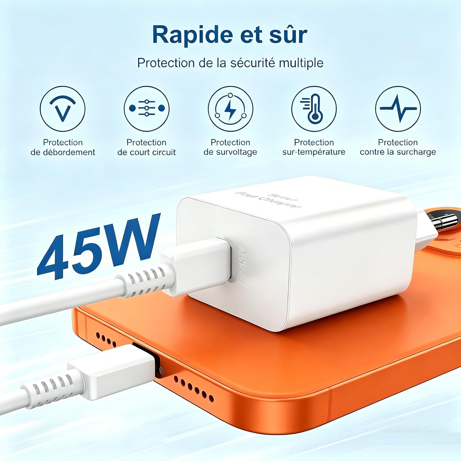 Thumbnail 2 de Chargeur USB‑C 45 W Yievis + câble USB‑C 2 m / 3 m pour iPhone 17 Pro Max, iPhone 16/15, iPad et Samsung Galaxy S