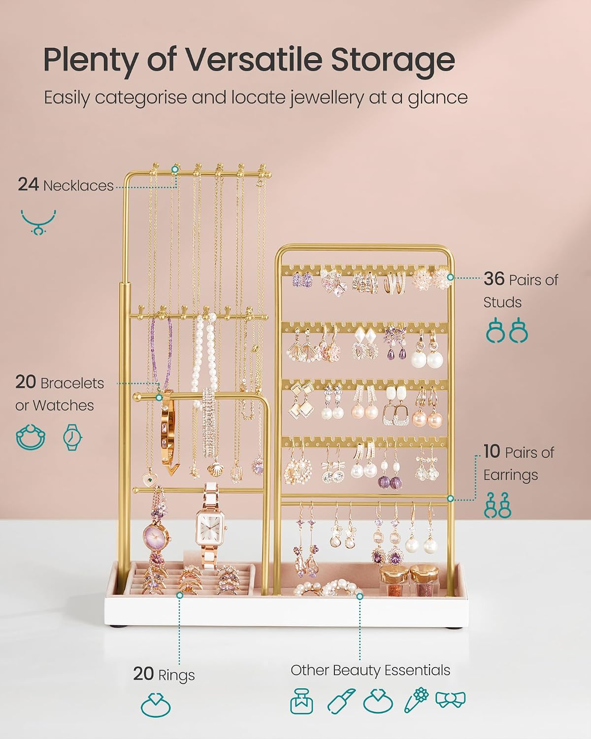 Thumbnail 5 de SONGMICS Jewellery Display Stand JJS026A01: 3-Row Tall Adjustable Necklace Holder in Pale Gold