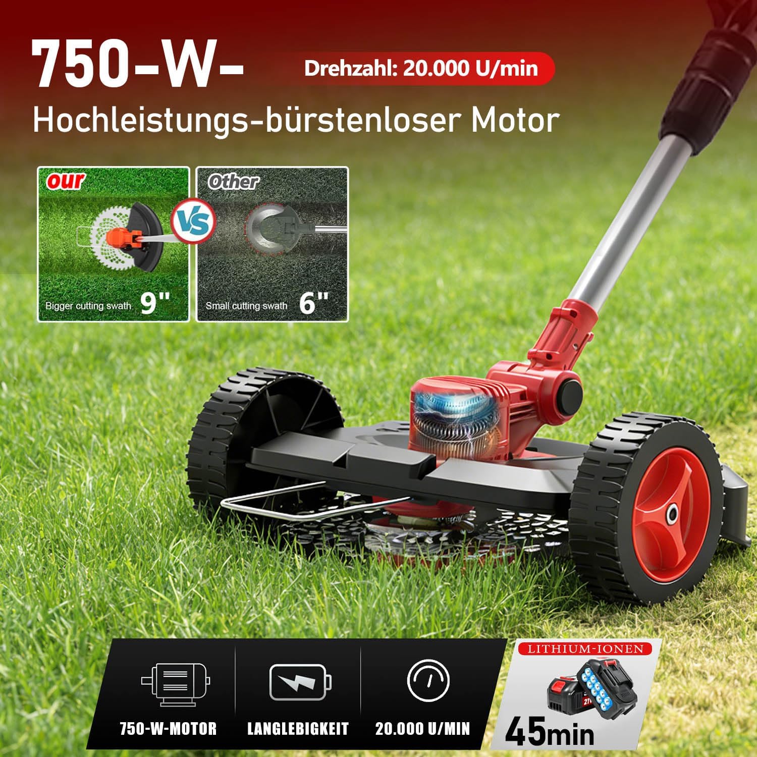 Detalle de Rasentrimmer mit Akku und Unkrautbürste für Makita-Akkus – 6-in-1 Freischneider, 21V, 20.000 U/min