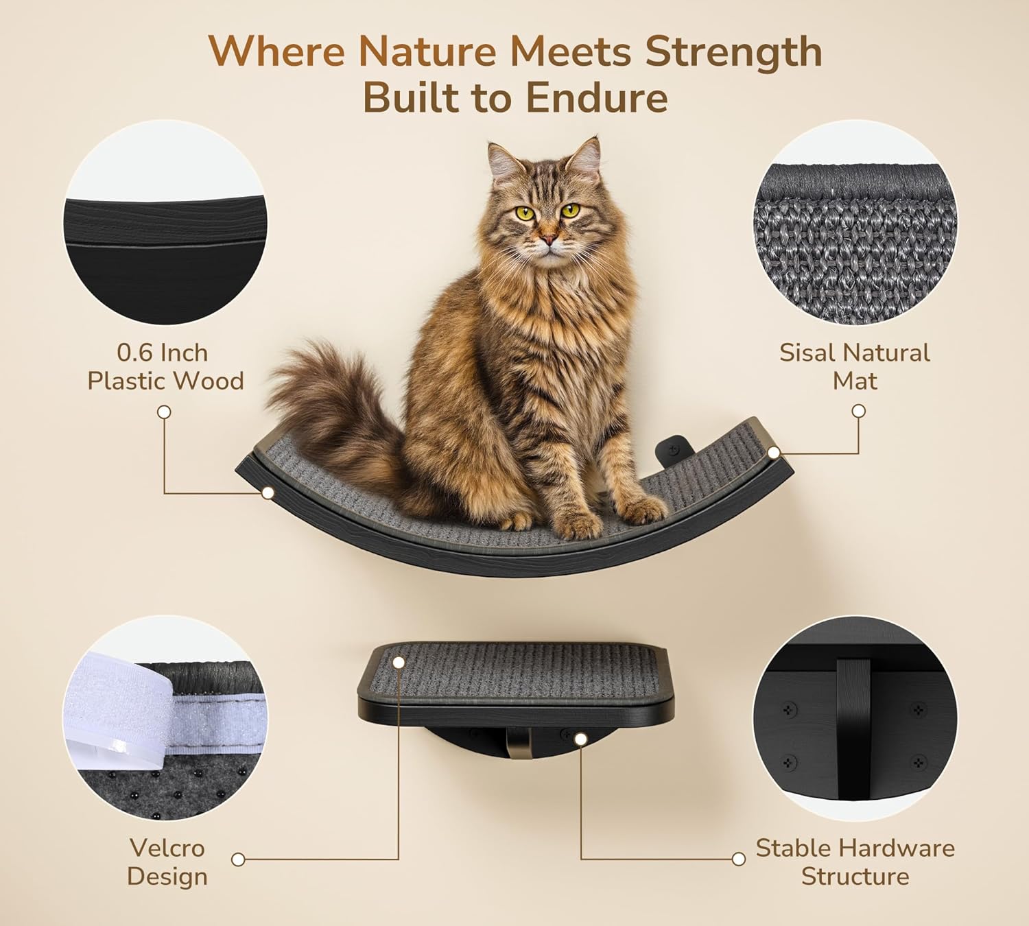 Detalle 2 de Curved Cat Wall Shelves with Scratching Mat: Wall-Mmounted Play & Sleep Platform