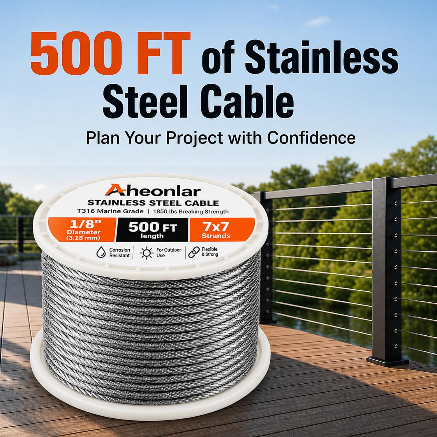 Detalle 2 de AHEONLAR Model 1 1/8-Inch T316 Stainless Steel Railing Cable, 500 ft