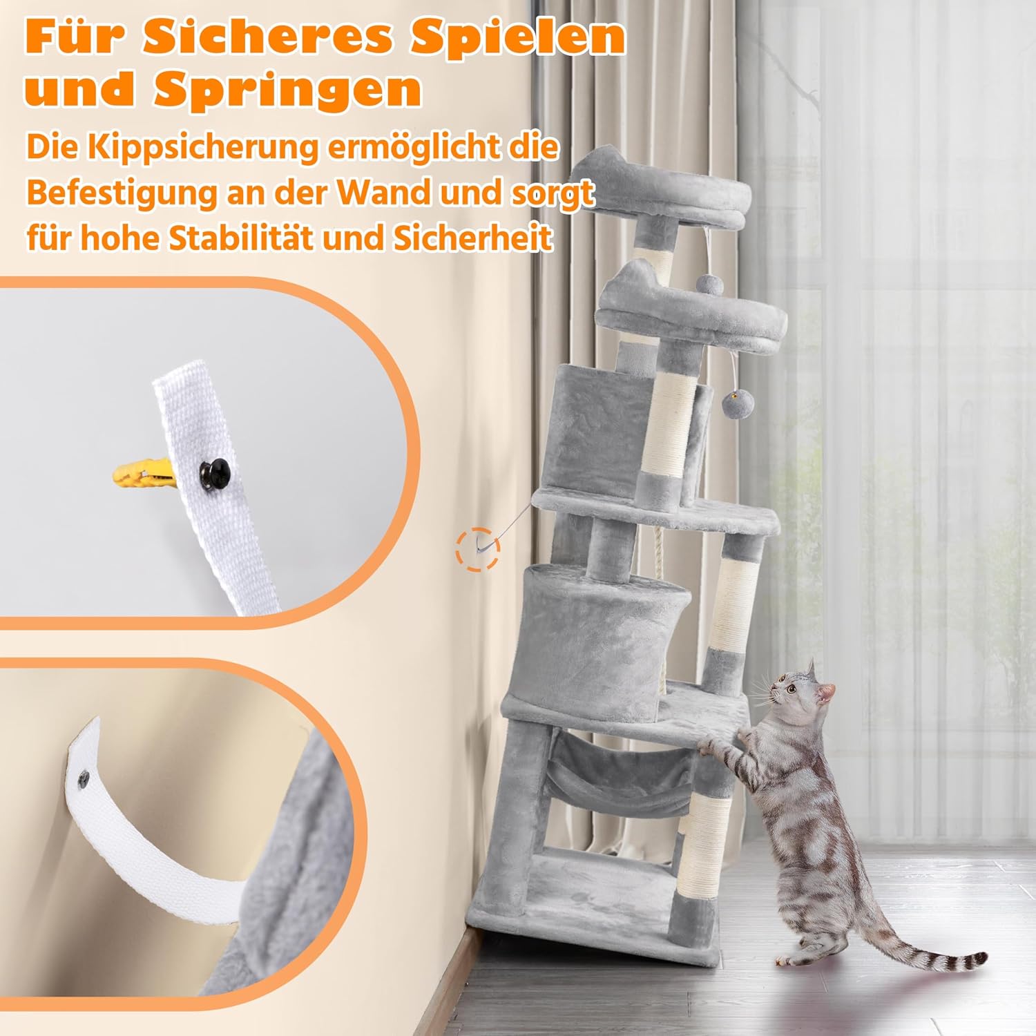 Detalle de Yaheetech 158 cm Kratzbaum für Katzen mit Hängematte, 5 Kratzsäulen & 2 Höhlen – FSC-zertifiziert, kippsicher