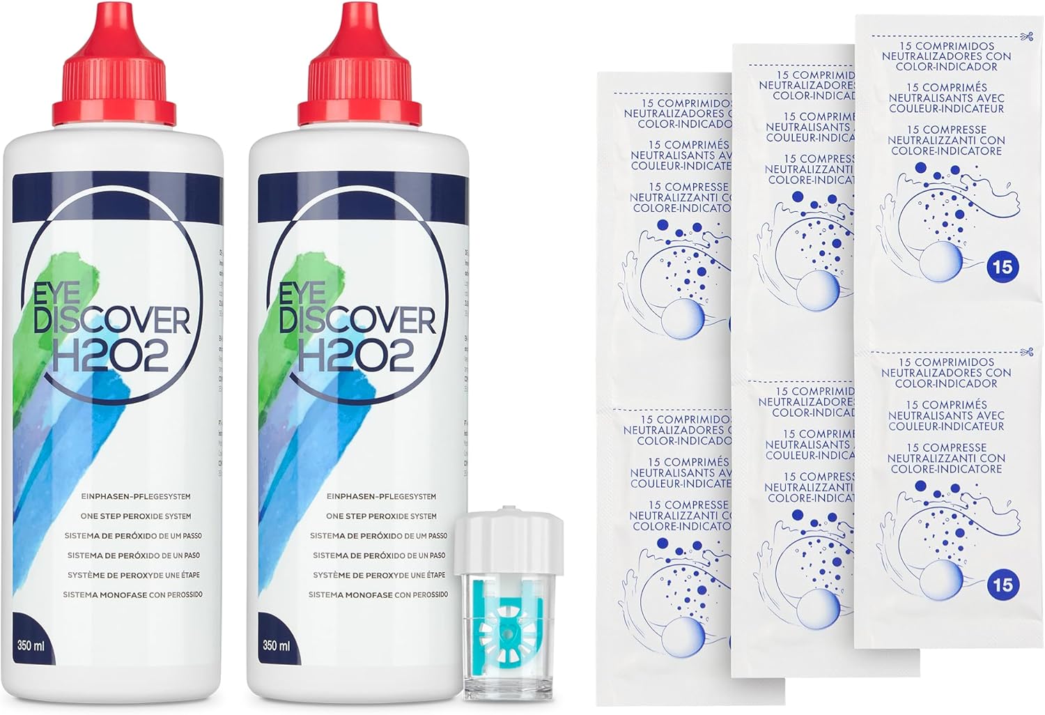 Detalle 2 de EYE DISCOVER Solution au peroxyde pour lentilles – nettoyage en profondeur, sans conservateurs (2 x 350 ml + 90 comprimés neutralisants avec étui)