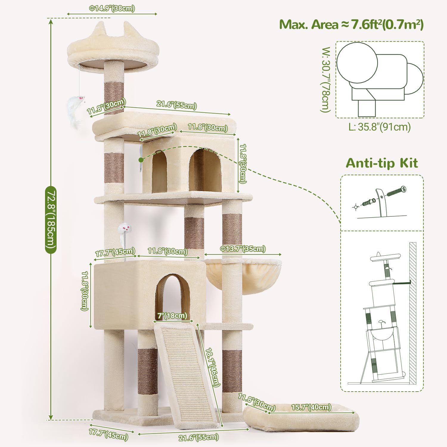 Thumbnail 6 de Globlazer S72 Heavy-Duty Cat Tree, 72-Inch, 6 Levels, Beige