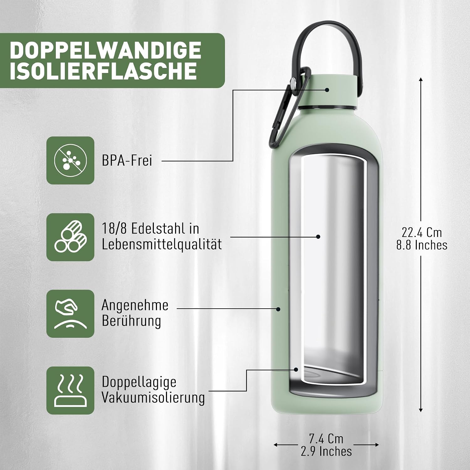 Detalle de Exllena Edelstahl-Trinkflasche mit Griff & Karabiner, isolierte Thermosflasche 500 ml (Flechtengrün)