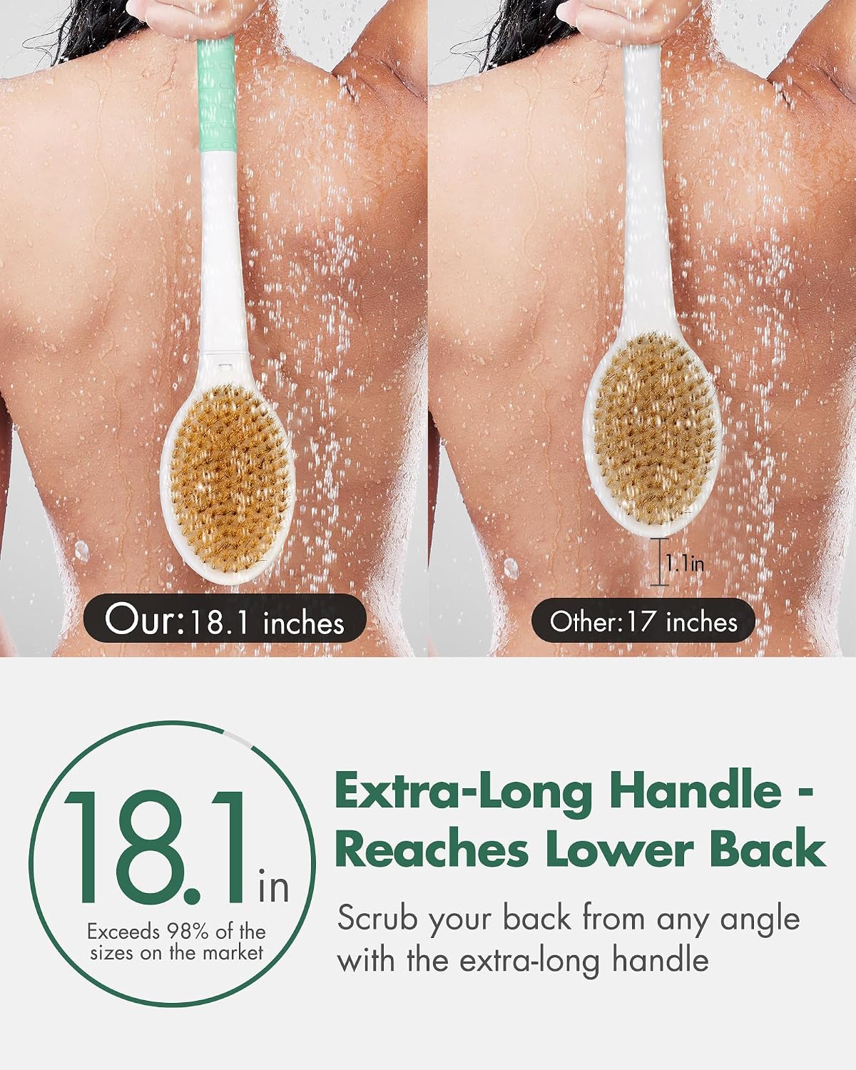 Detalle de Back Scrubber Body Shower Brush with Anti-Slip Long Handle (Mint Green) – Stiff & Soft Double-Sided Bristles