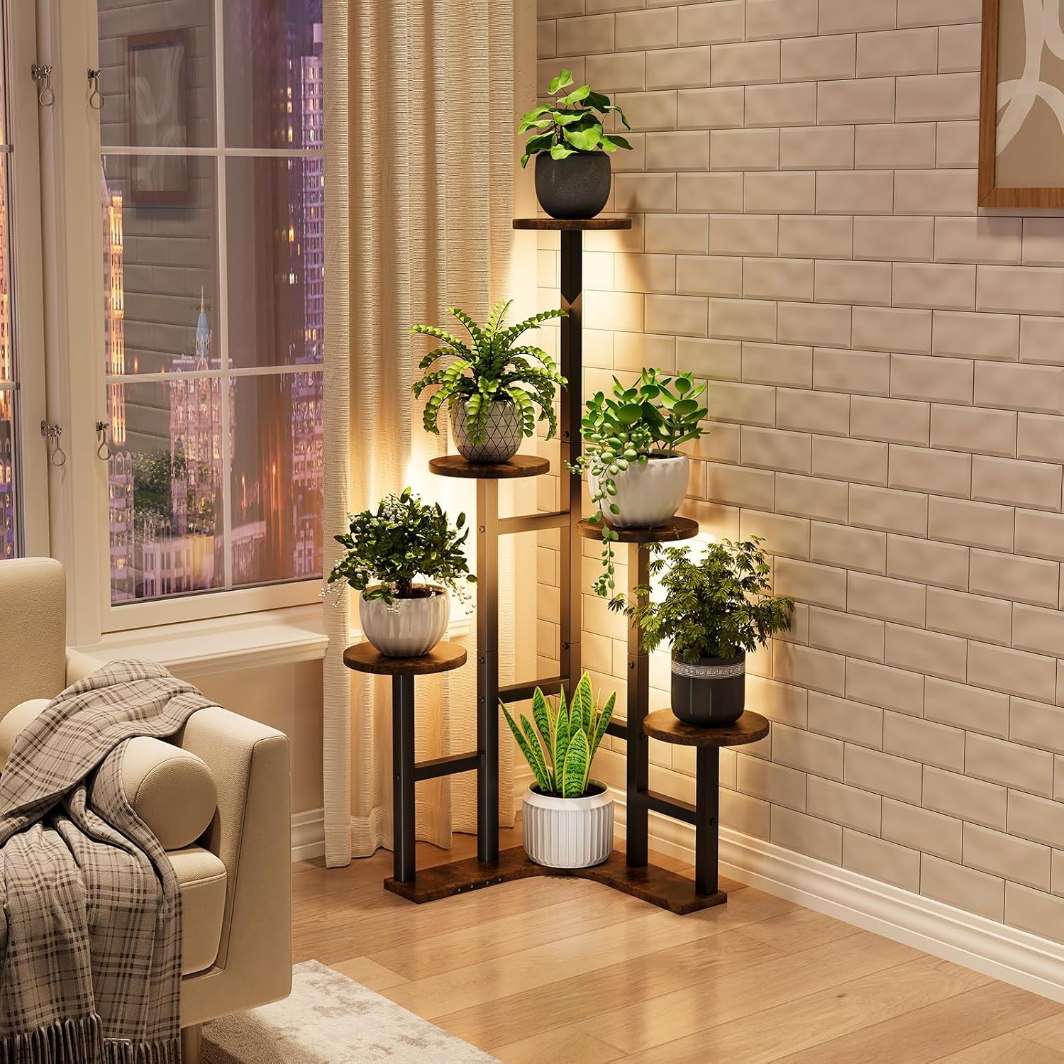 Thumbnail 1 de Yzosvki 6-Tier Corner Plant Stand with Grow Lights, Rustic Brown