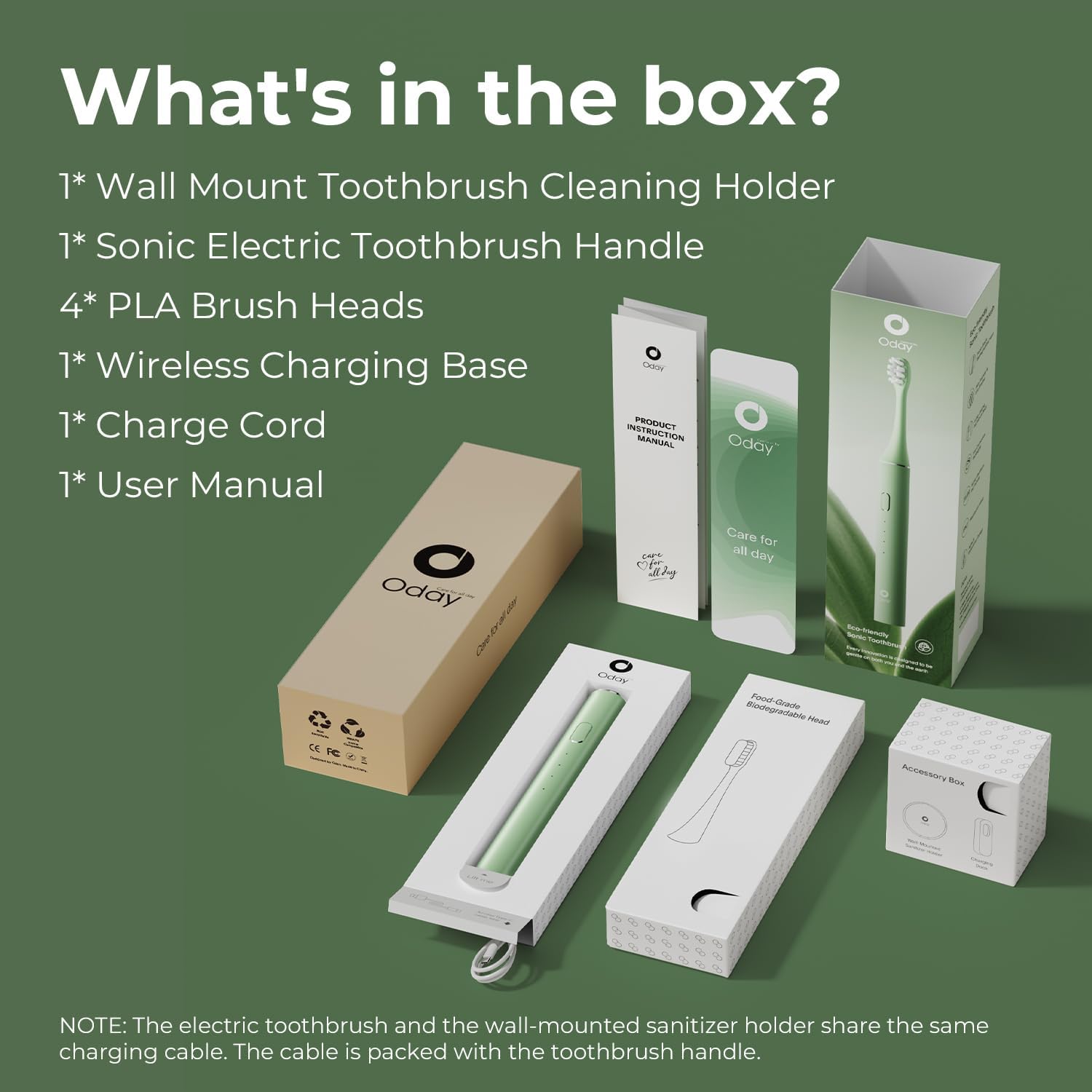 Detalle de Oday Sonic Electric Toothbrush for Adults with Wall Mounted UV-Cleaning Holder, 4 Brush Heads, Wireless Charging, IPX7 Waterproof