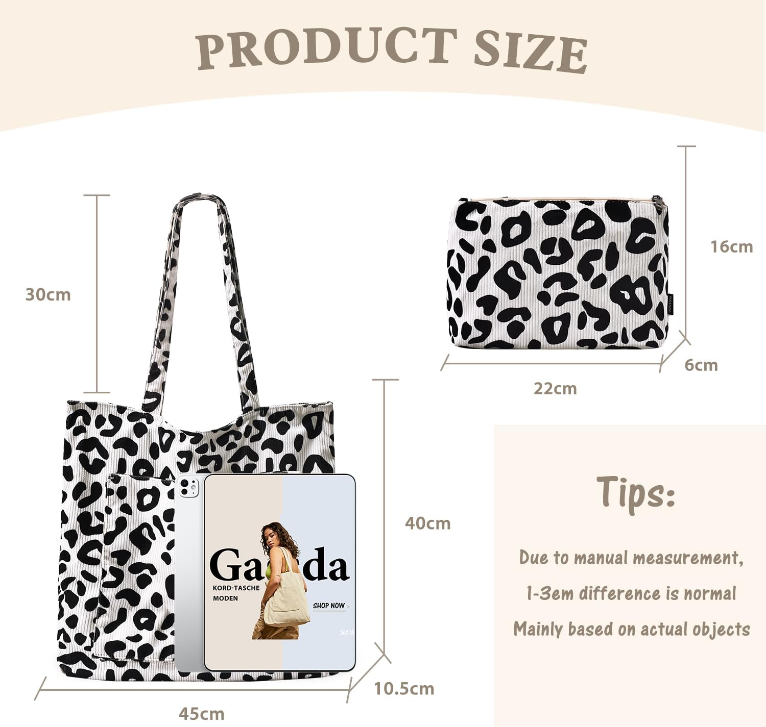 Detalle de GASSDA Handtasche Damen Groß Shopper Tasche aus Cord mit Reißverschluss – Laptop & Alltagstauglich