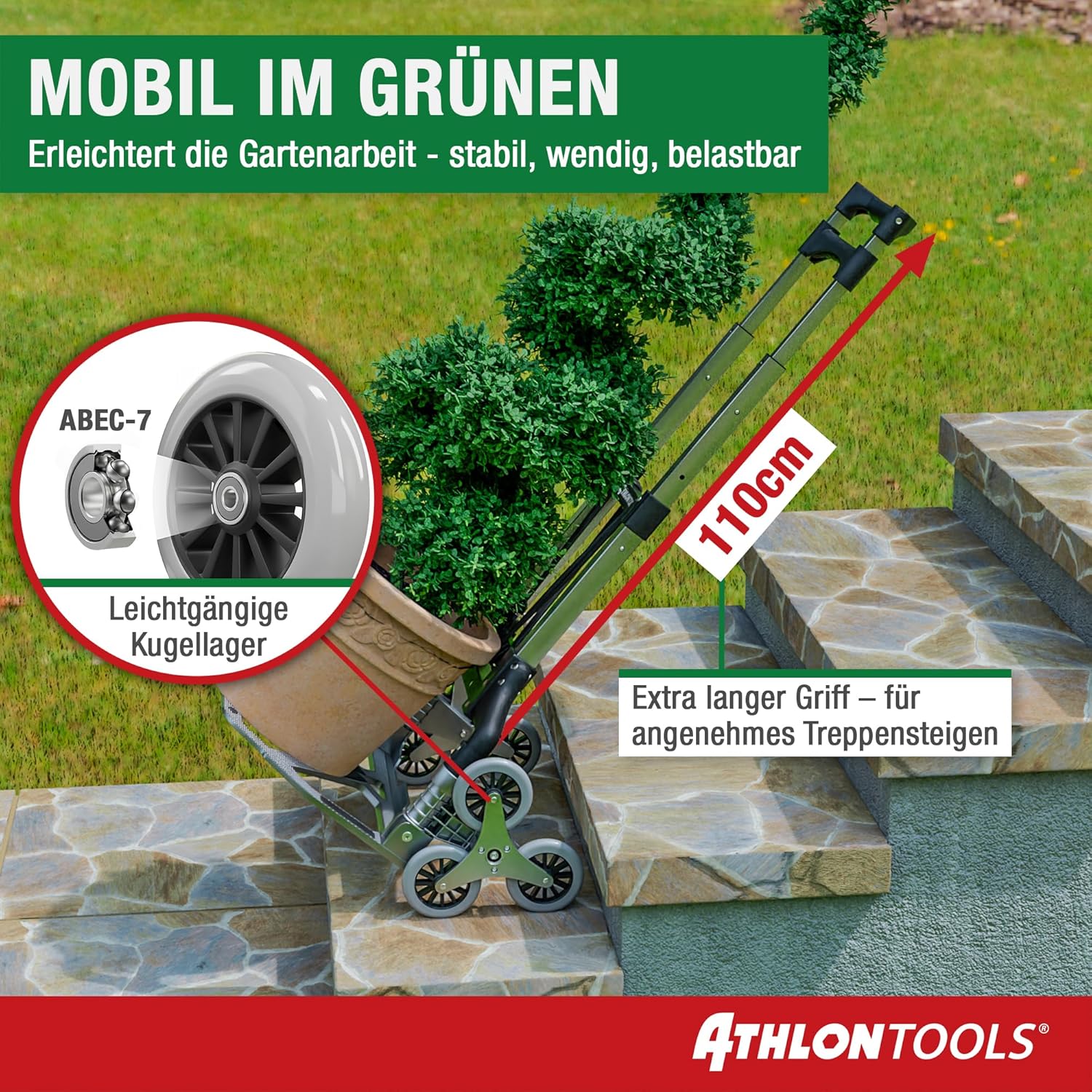 Thumbnail 1 de ATHLON TOOLS Treppensteiger Sackkarre klappbar – Aluminium, TÜV geprüft, 110 cm Griff, Ladefläche 39×28 cm