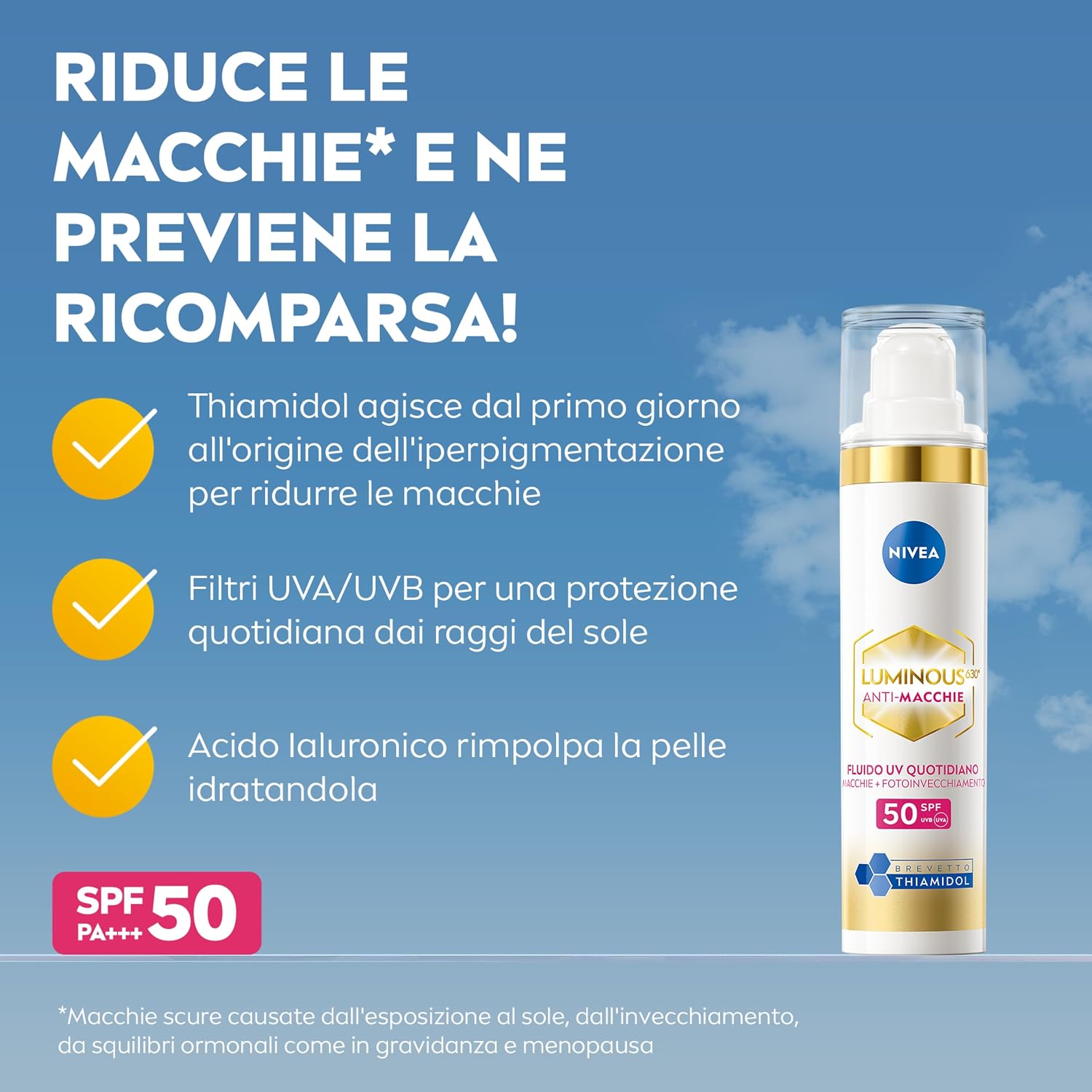 Detalle de NIVEA Luminous630 Skin Solution Kit skincare viso: siero anti-macchie, fluido UV SPF 50 e crema notte rigenerante