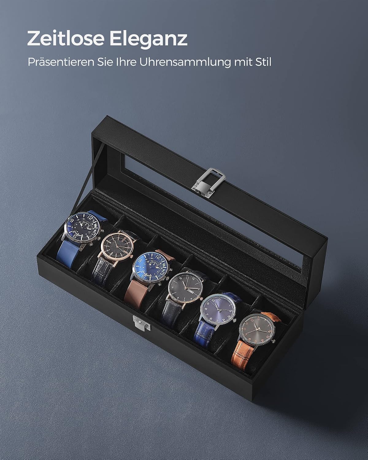 Detalle de SONGMICS Uhrenbox mit 6 Fächern und Glasdeckel – Sichtbarer Schmuck für Ihre Uhrensammlung