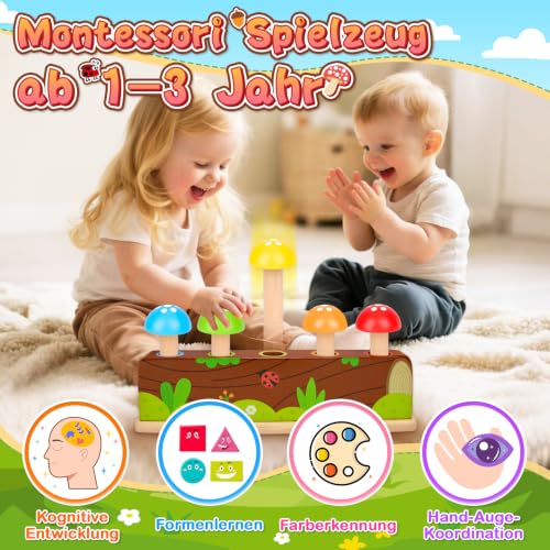 Detalle 2 de Molleyzi Montessori Pop Up Holzspielzeug ab 12–18 Monaten – Motorikspielzeug mit 5 Pilzen