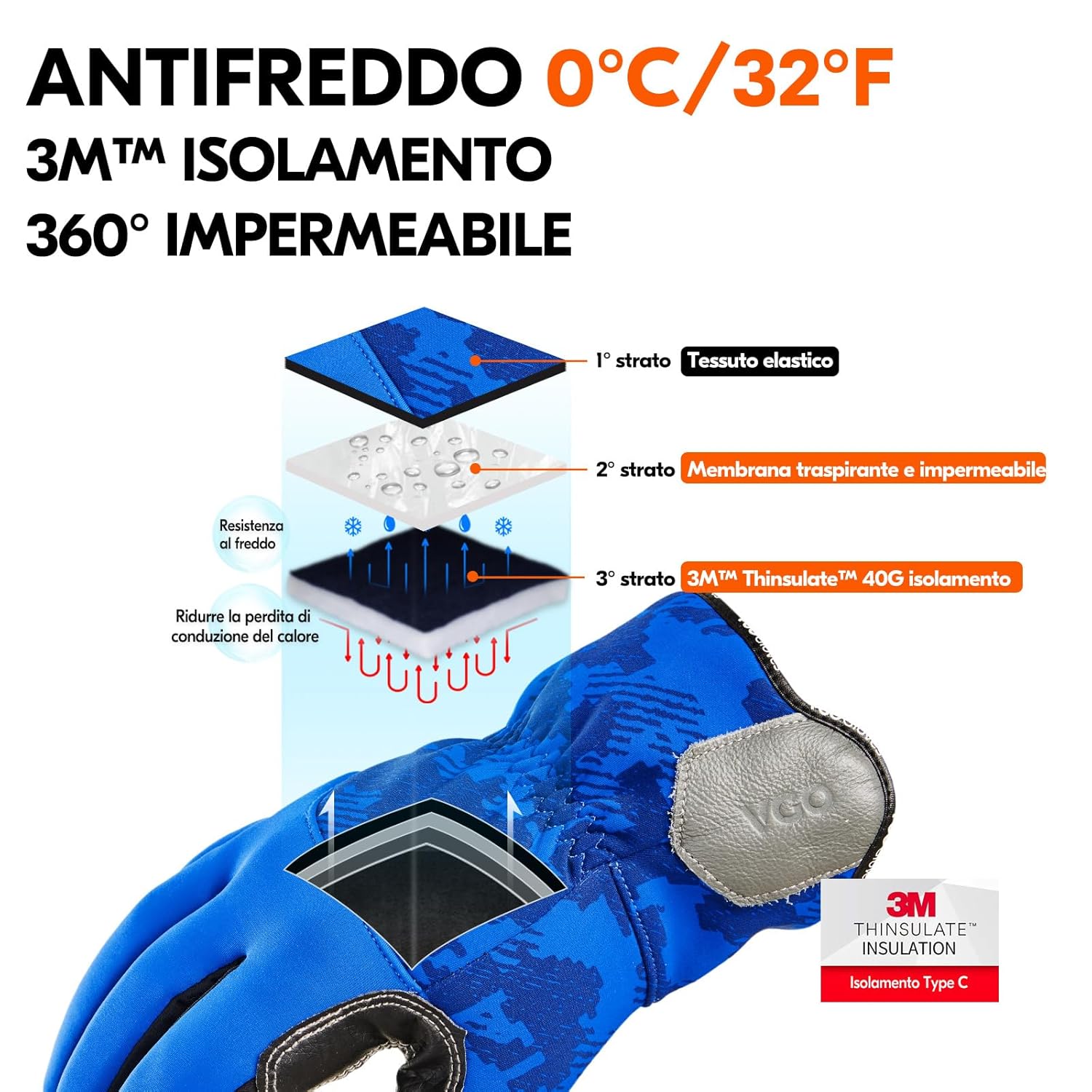 Thumbnail 1 de Vgo... Guanti da lavoro invernali impermeabili, palmare in pelle antiabrasiva e touchscreen (fino a 0°C)