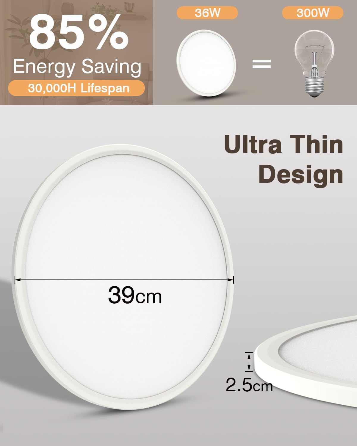 Detalle de Bowfar B-XDD-39Y LED Ceiling Light, 36W Dimmable, 3000K–6500K, 39cm