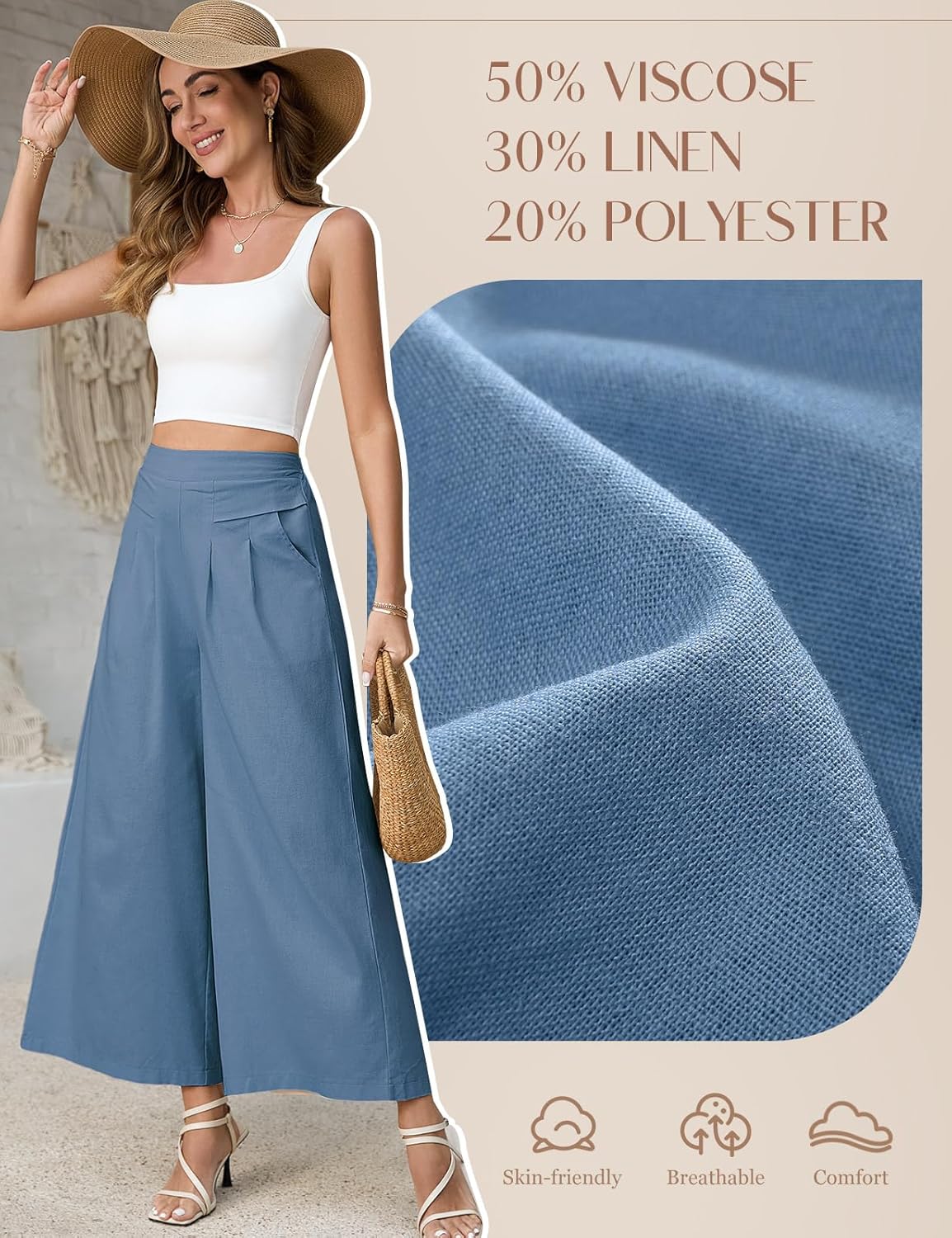 Thumbnail 4 de PASUDA Pantalon femme été 7/8 en lin fluide (taille élastique, poches)
