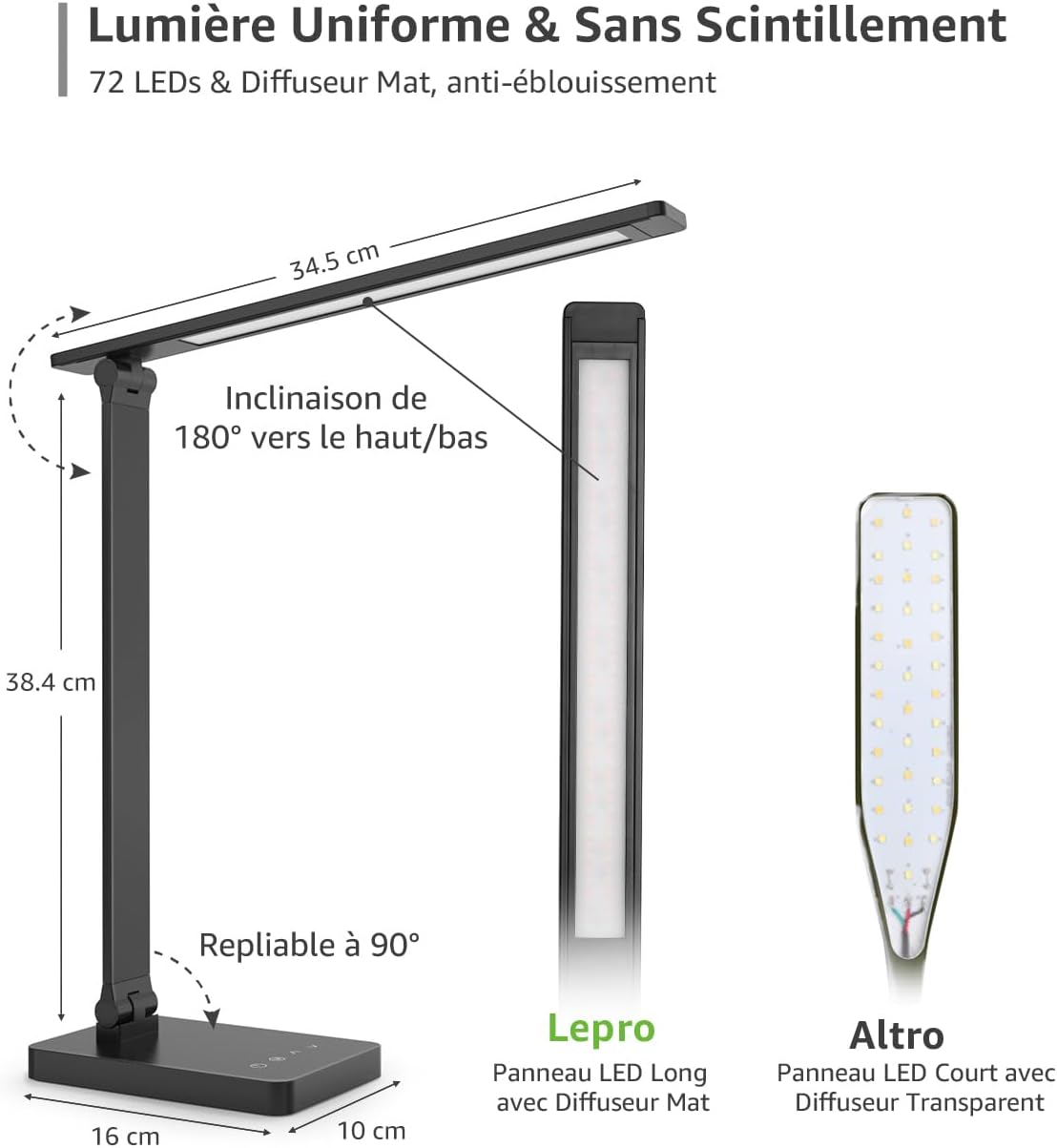Thumbnail 5 de Lampe de bureau LED Lepro 750 lm : contrôle tactile, 5 modes et dimmable (noir)