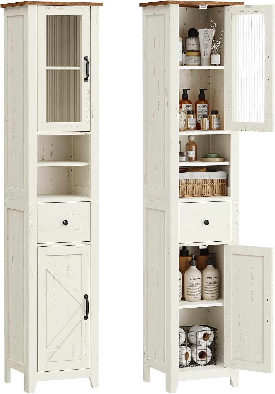 Detalle de VASAGLE LIRY BBK660W101 Tall Bathroom Cabinet, Reversible Doors, White and Honey Brown