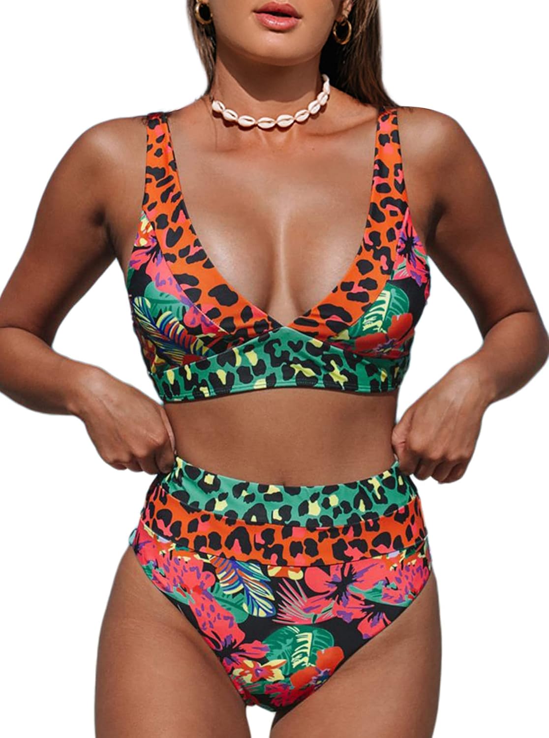 Detalle de Hilinker Women's Leopard Bikini Swimsuits: V Neck High Waisted 2-Piece